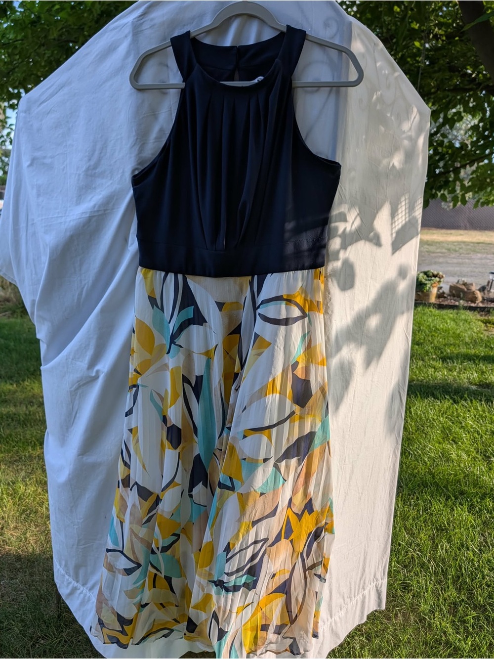 Studio One Black Bodice Midi Dress with Yellow and Teal Floral Skirt
